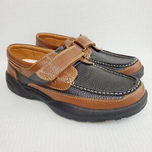Dr COMFORT MIKE Mens Size 10.5 M Black & Brown Leather Boat Loafer Straps Shoes